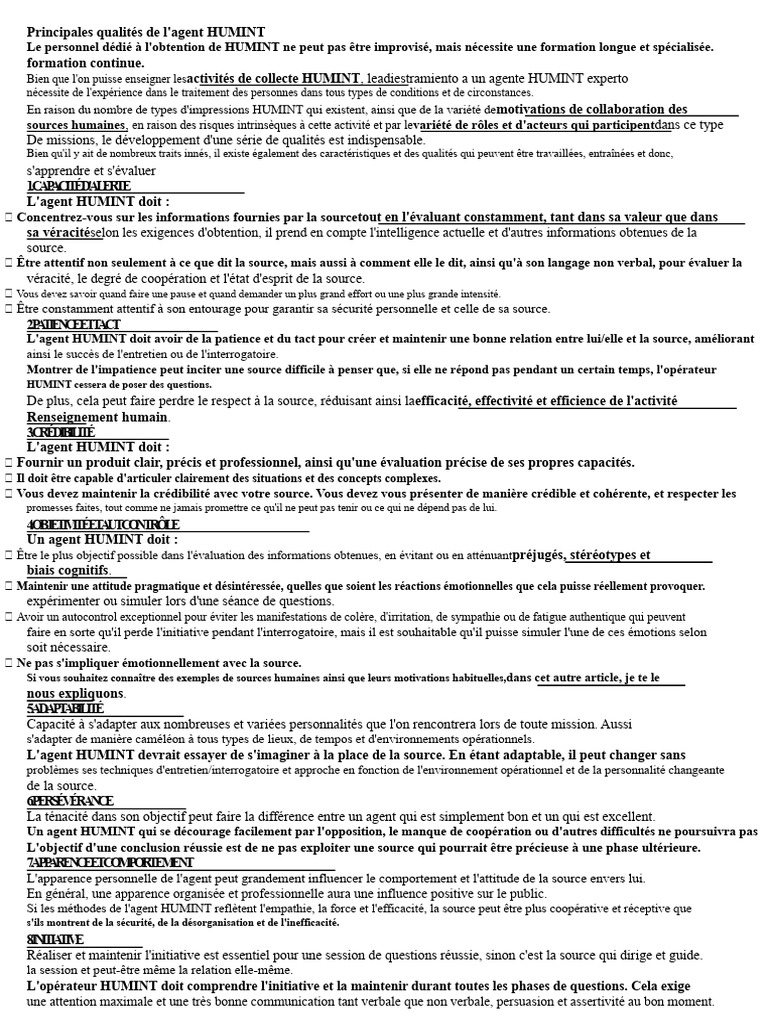Qualités essentielles d'un agent HUMINT | PDF | Crédibilité | Renseignement