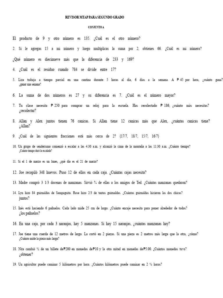 Ejercicios de Matemáticas para Segundo Grado | PDF | Matemáticas ...