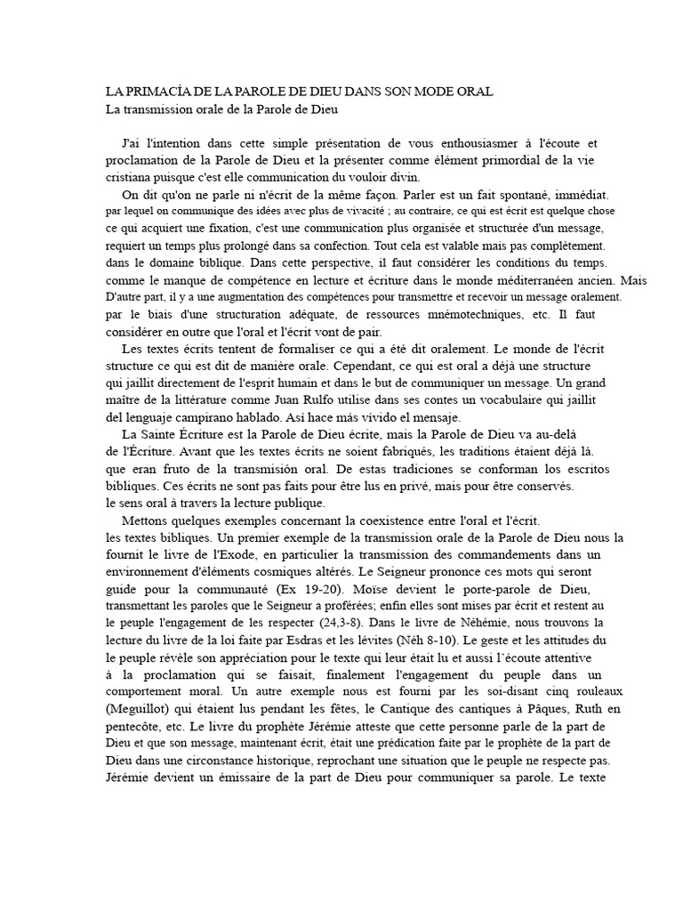 Oralité et Écriture de la Parole de Dieu | PDF | Discours | Bible