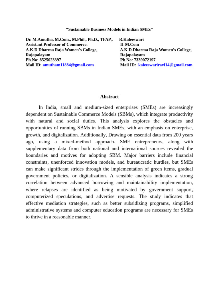 Sustainable Business Models in Indian SMEs | PDF | Entrepreneurship ...