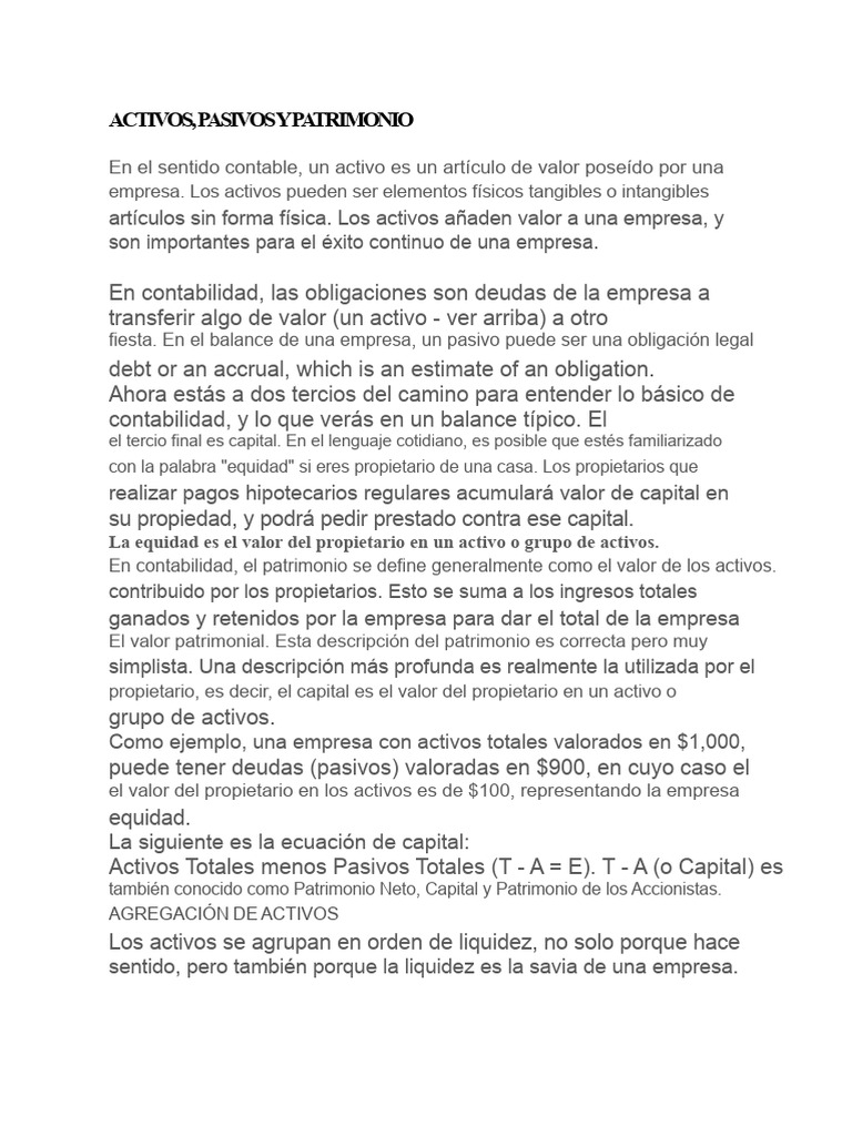 Activos, Pasivos y Patrimonio Empresarial | PDF | Hoja de balance ...
