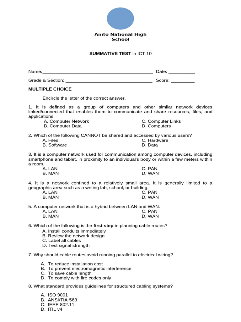 ICT 10 Summative Test Questions | PDF | Cable Television | Computer Network