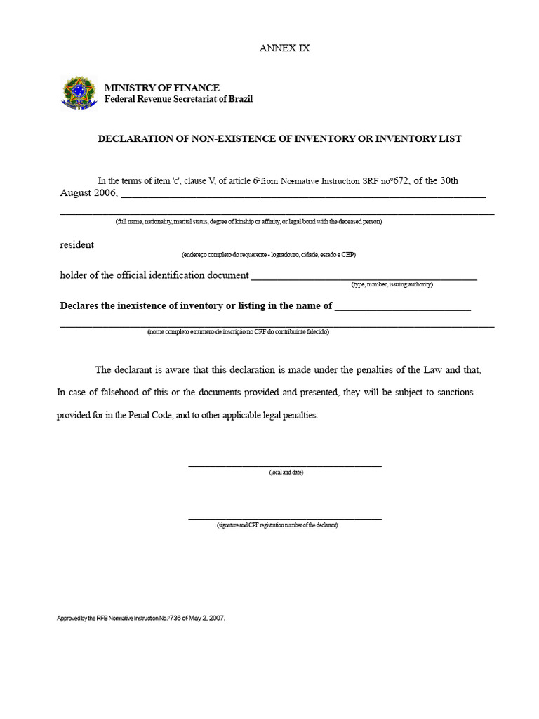 Brazil Non-Existence Inventory Declaration | PDF