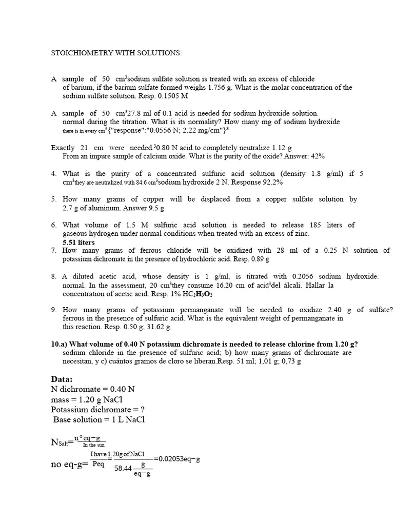 Exercises To Solve STOICHIOMETRY WITH SOLUTIONS | PDF | Acid | Mole (Unit)