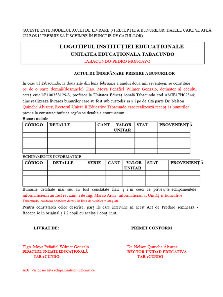 Exemplu de Act de Predare-Primire | PDF
