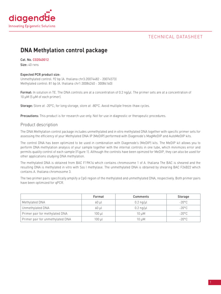 Datasheet DNA Methylation Control Package | PDF | Real Time Polymerase ...