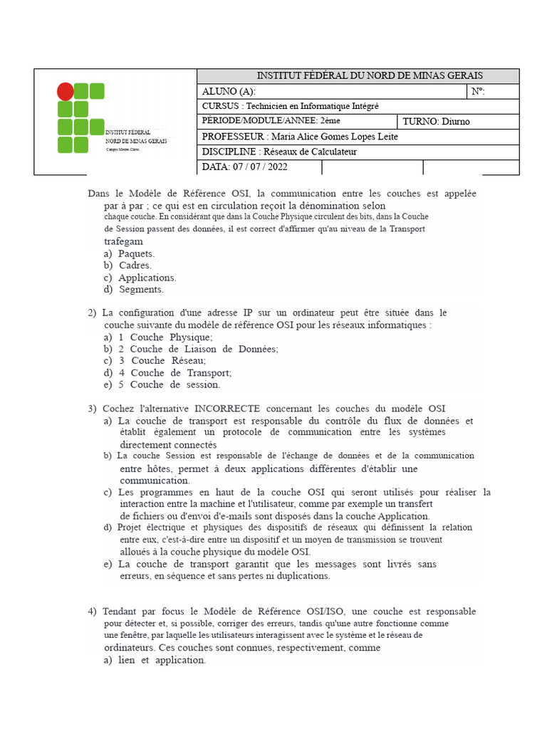 Modèle OSI : Couches et Fonctions Réseau | PDF | Modèle OSI ...