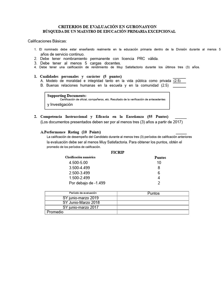Criterios de Evaluación para un Maestro Sobresaliente | PDF ...