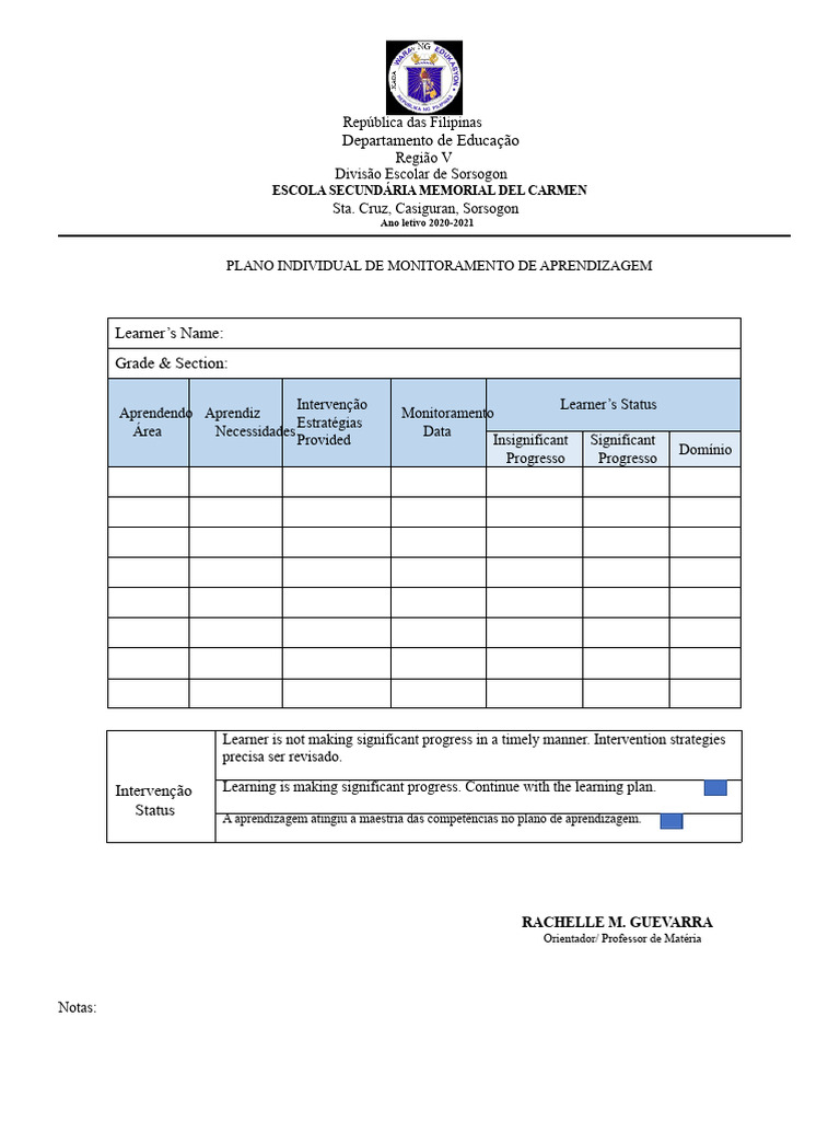 Plano de Monitoramento de Aprendizagem | PDF | Aprendizado | Cognição
