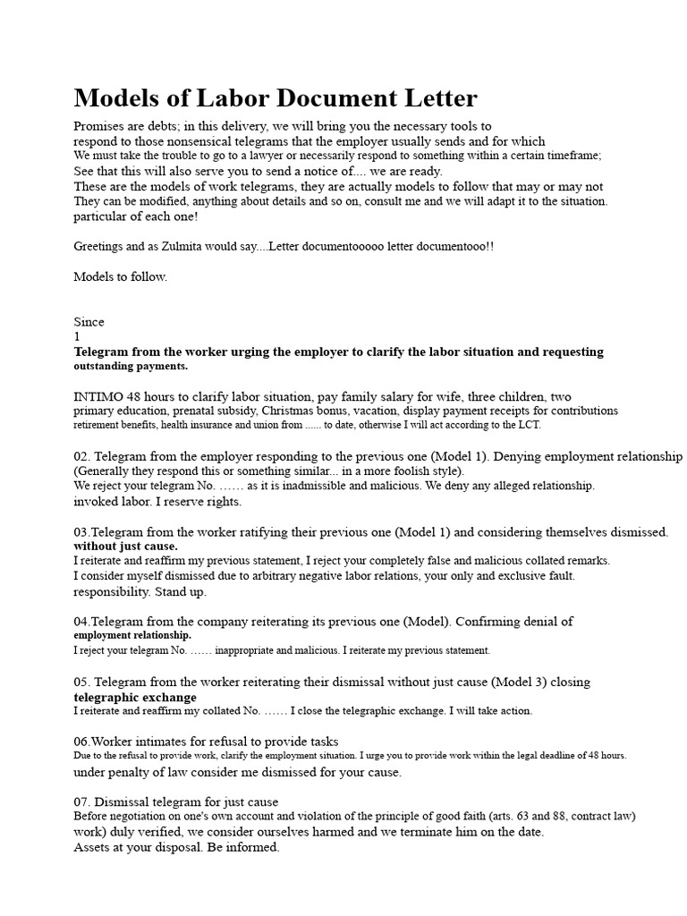 Labor Telegram Models and Templates | PDF | Employment | Assignment (Law)