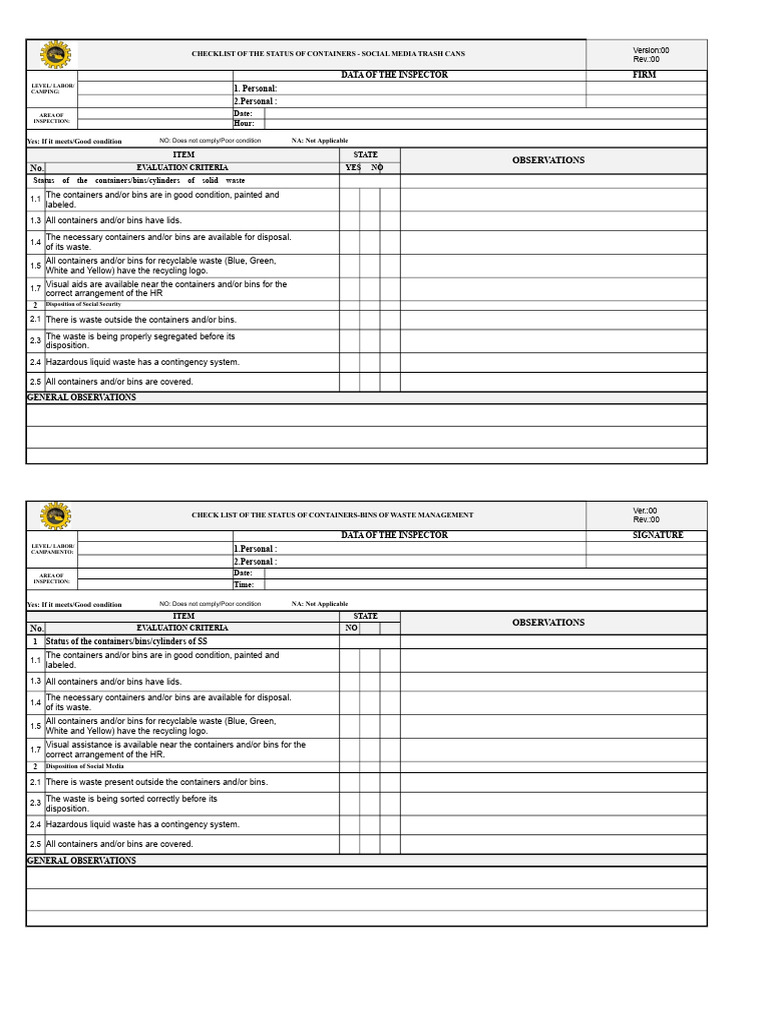 Social Media Trash Can Inspection Checklist | PDF | Waste | Waste ...