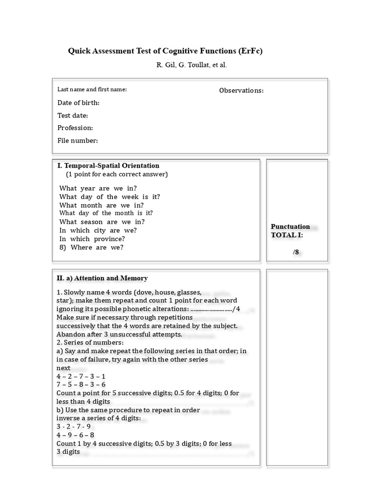 Cognitive Functions Quick Assessment Test | PDF | Memory | Attention