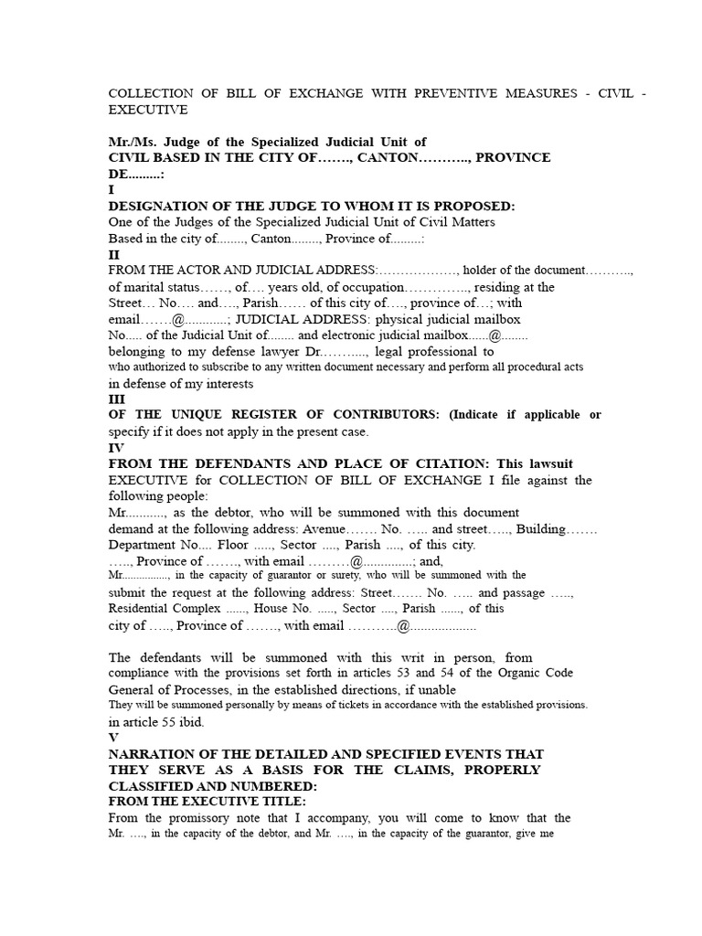 Model of Claim For Collection of Bill of Exchange With Preventive ...