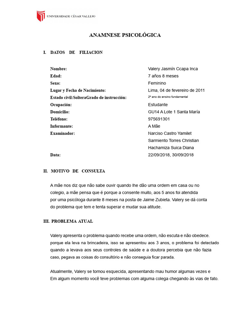 Anamnese Psicológica de Valery Ccapa | PDF