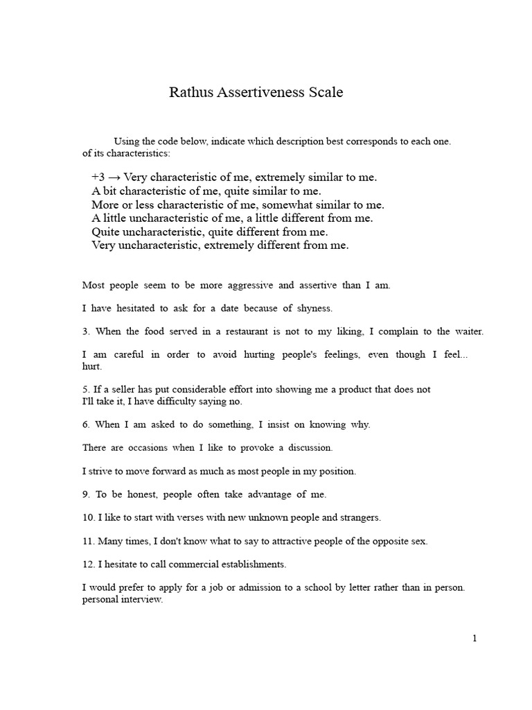 Rathus Assertiveness Scale Guide | PDF