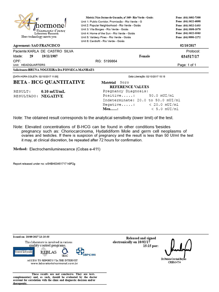B-HCG Test Results for Karla Silva | PDF | Human Reproduction ...