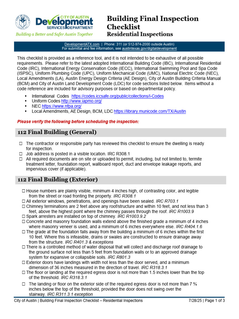 Austin Residential Inspection Checklist | PDF | Stairs | Door