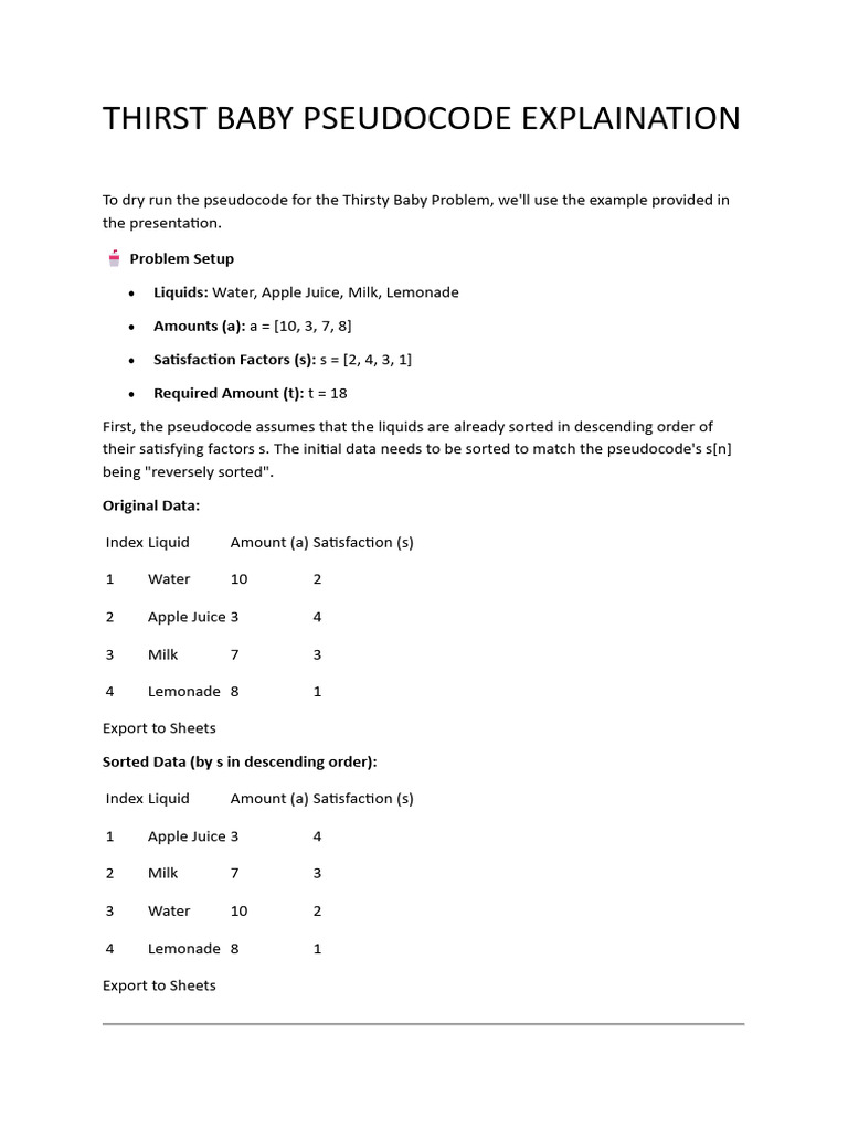 Thirsty Baby Problem Pseudocode Guide | PDF | Drink | Non Alcoholic Drinks