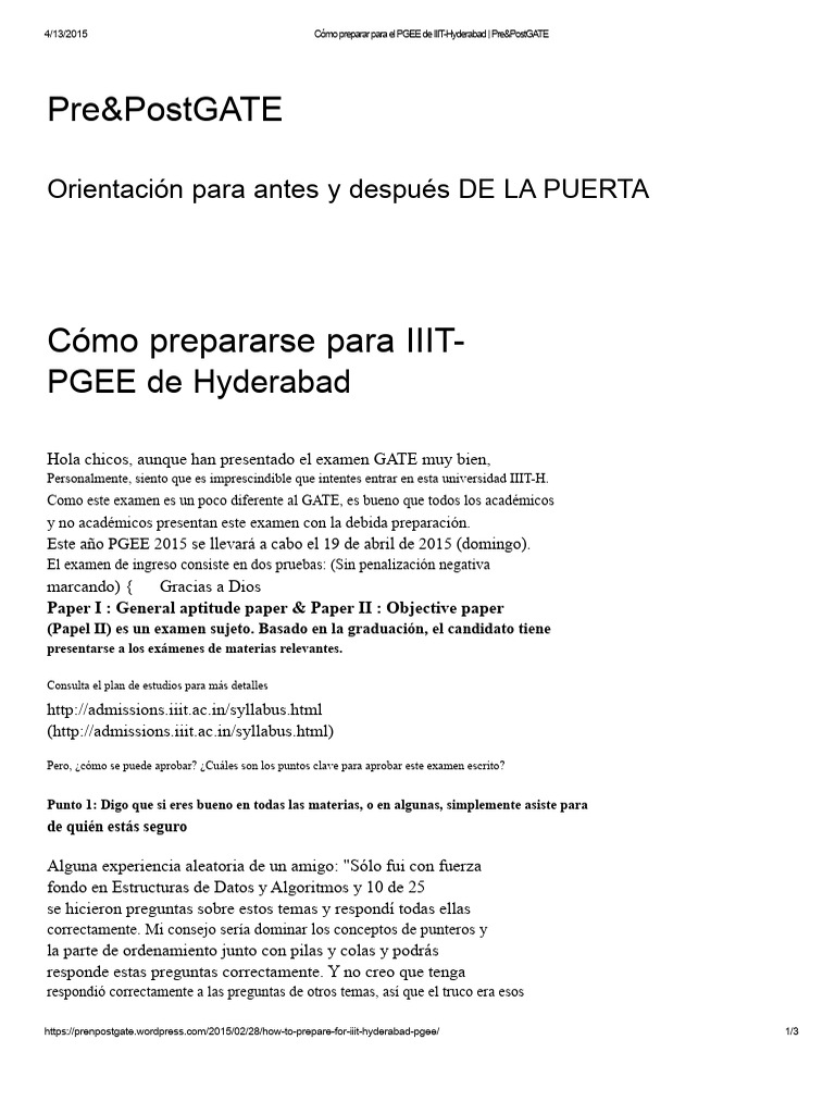 Cómo Prepararse para El PGEE de IIIT-Hyderabad - Pre y Post GATE | PDF