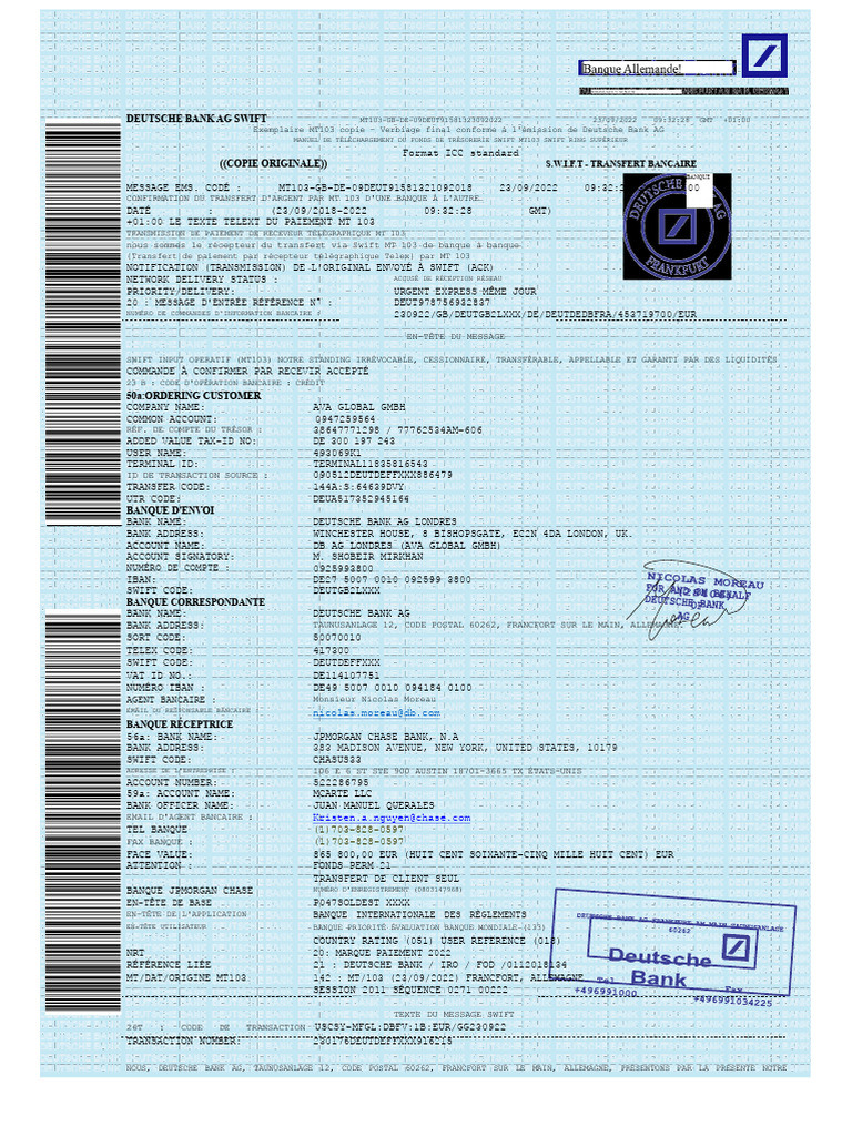 Confirmation Transfert SWIFT MT103 | PDF | euro | Banques