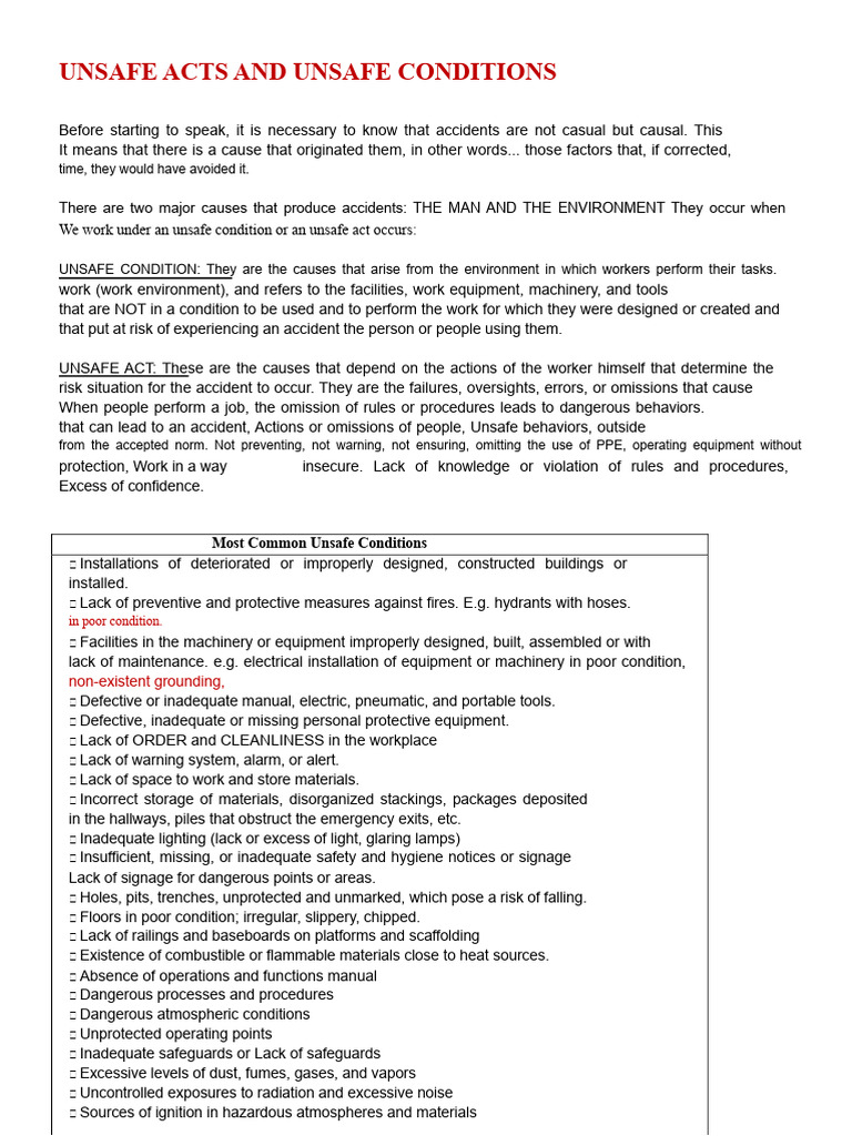 Unsafe Acts and Conditions in the Workplace | PDF | Risk | Safety