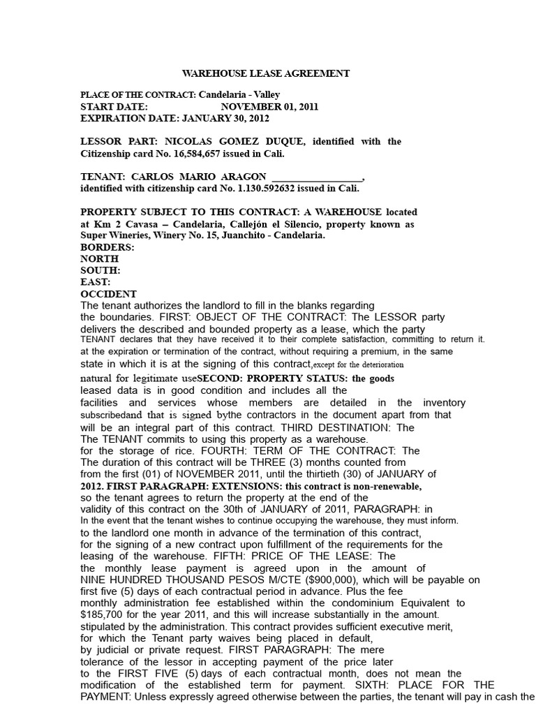 Lease Agreement For Warehouse | PDF | Lease | Leasehold Estate