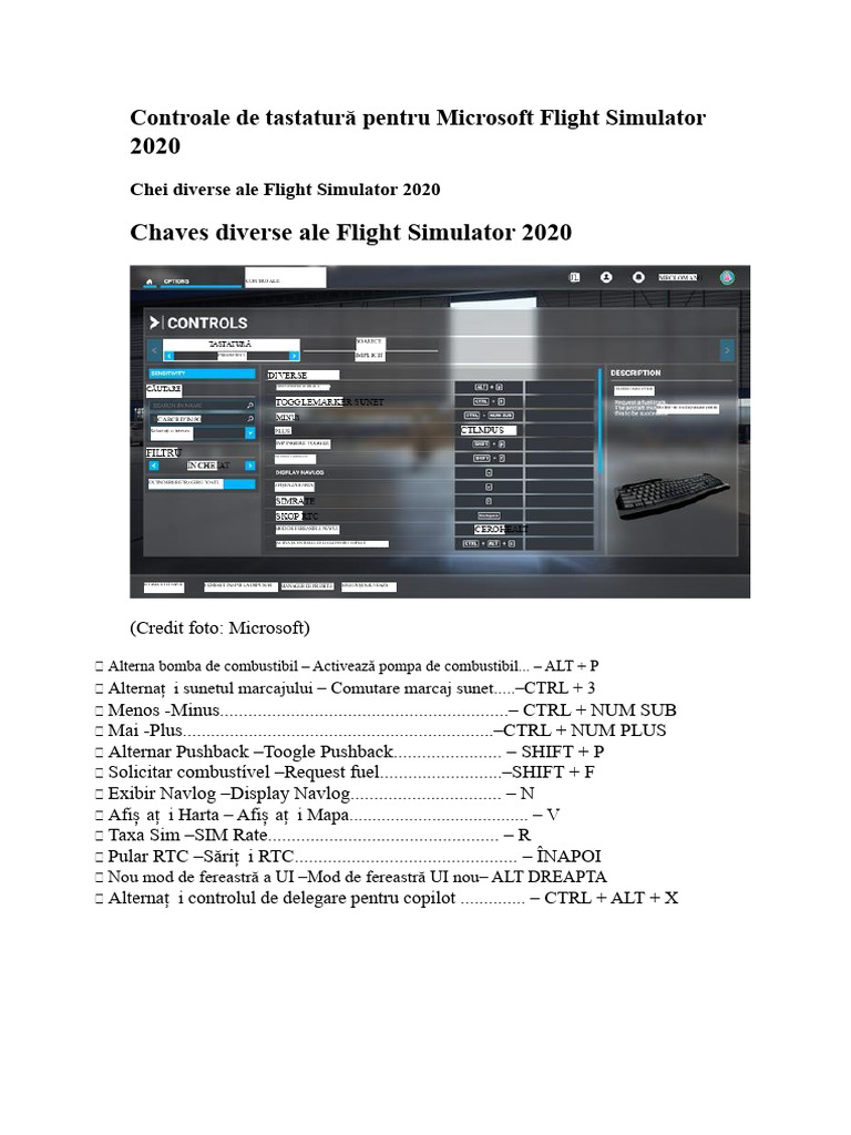 Controalele de Tastatură Pentru Microsoft Flight Simulator 2020 | PDF