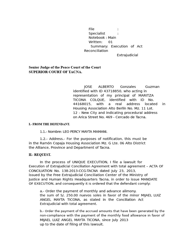 Execution Demand of The Settlement Agreement | PDF | Child Support ...