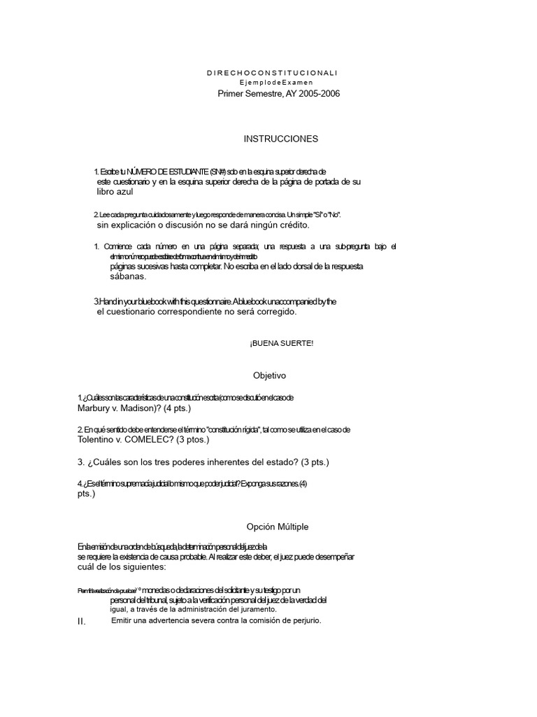 Examen de muestra de Derecho Constitucional 1 | PDF | Constitución ...