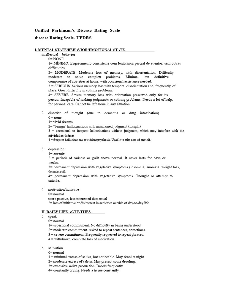 Parkinson's Disease Unified Rating Scale | PDF | Anatomical Terms Of ...