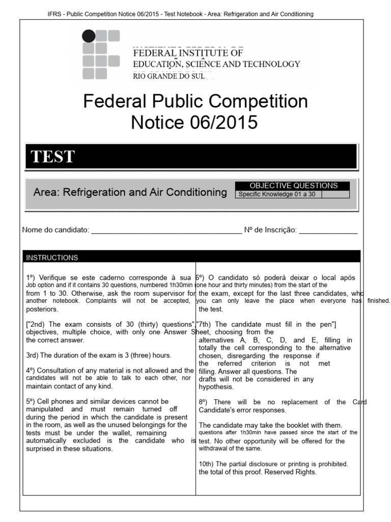 IFRS Public Competition 06/2015: Refrigeration Test | PDF | Air ...