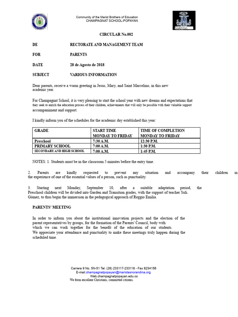 Champagnat School 2018 Academic Updates | PDF