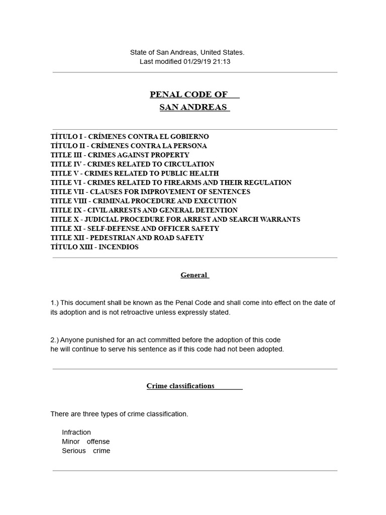 San Andreas Penal Code Overview | PDF | Traffic | Felony