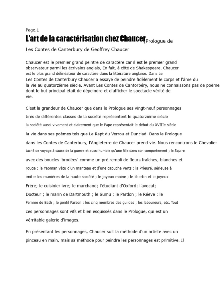 Caractérisation des personnages chez Chaucer | PDF | Les Contes de ...