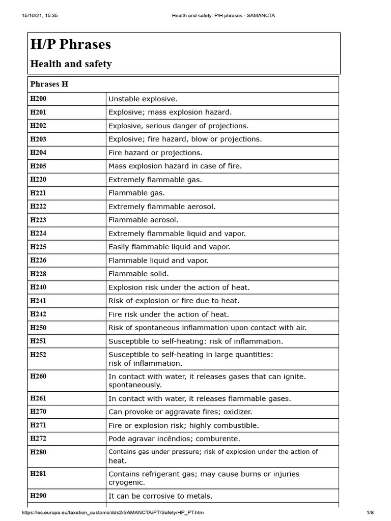Health and Safety H/P Phrases Guide | PDF | Toxicity