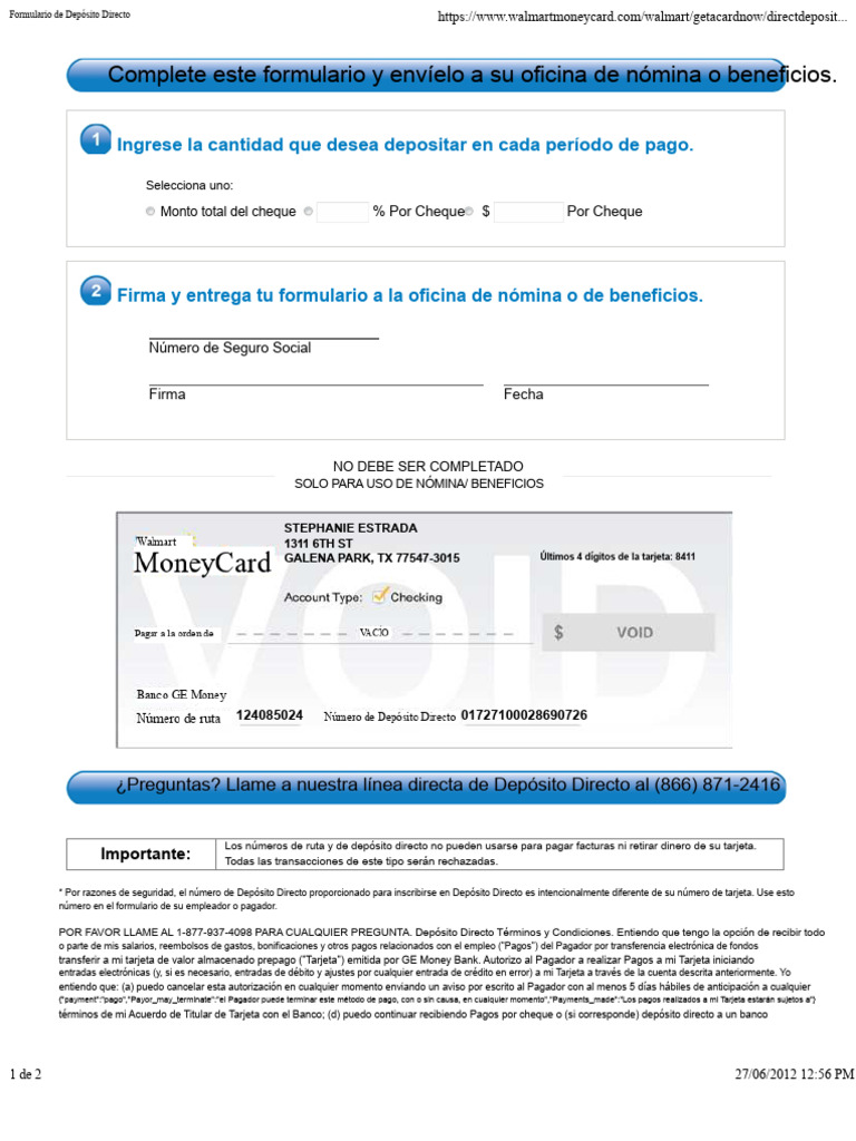 Formulario de Depósito Directo | PDF | Tarjeta de débito | Cheque