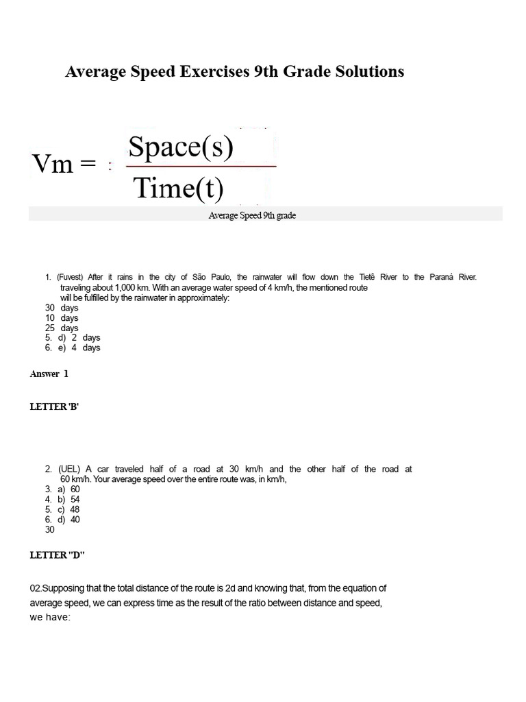 Average Speed Exercises for 9th Grade | PDF | Speed | Physics