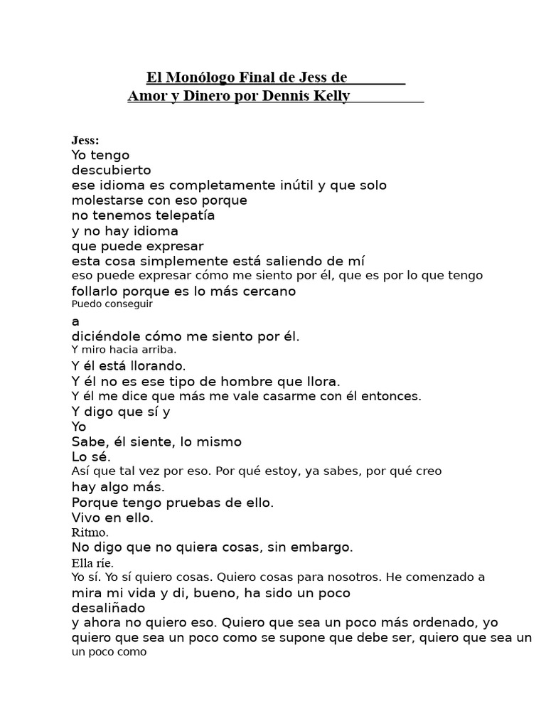 Monólogo Final de Jess en Amor y Dinero | PDF