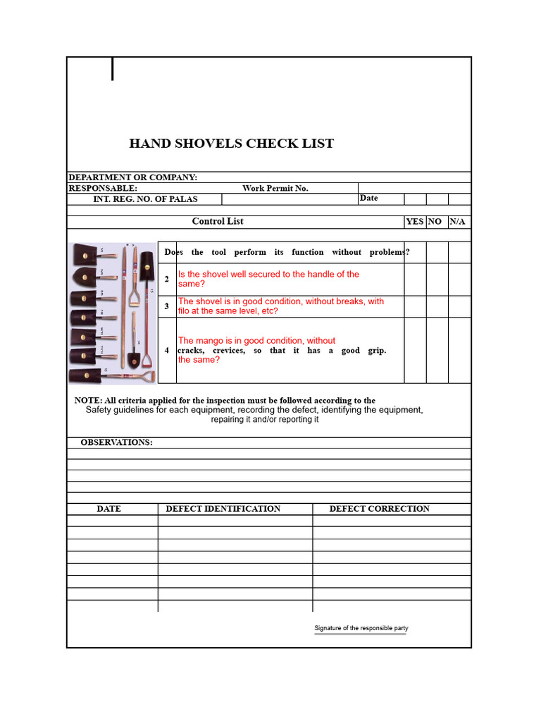 Hand Shovel Safety Inspection Checklist | PDF