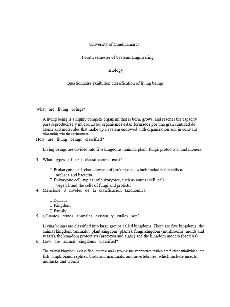 Questionnaire on the classification of living beings | PDF | Cell (Biology)  | Eukaryotes