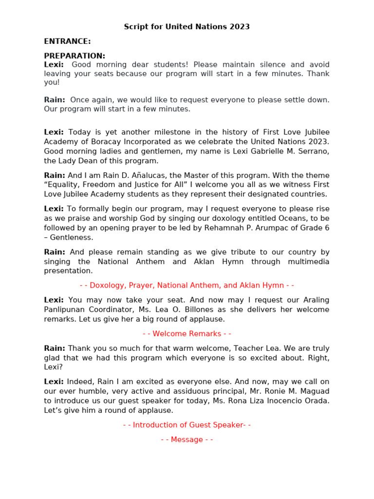 UN Day Celebration Script 2023 | PDF | Hymns | Christian Worship And ...