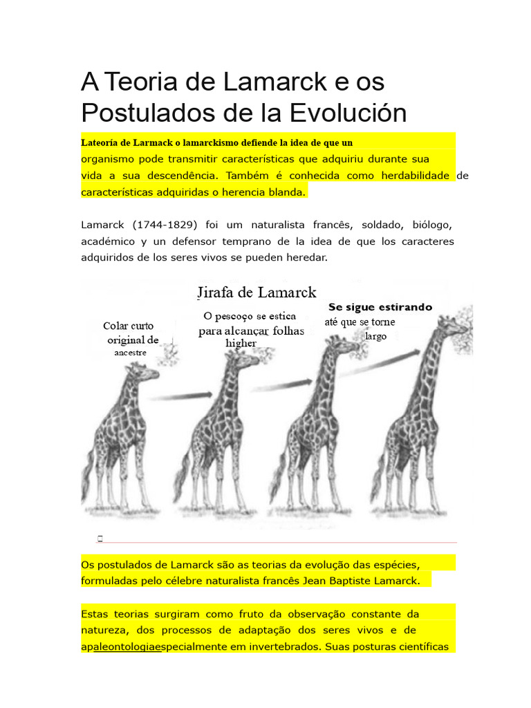 A Teoria de Lamarck e Os Postulados Da Evolução | PDF | Evolução ...