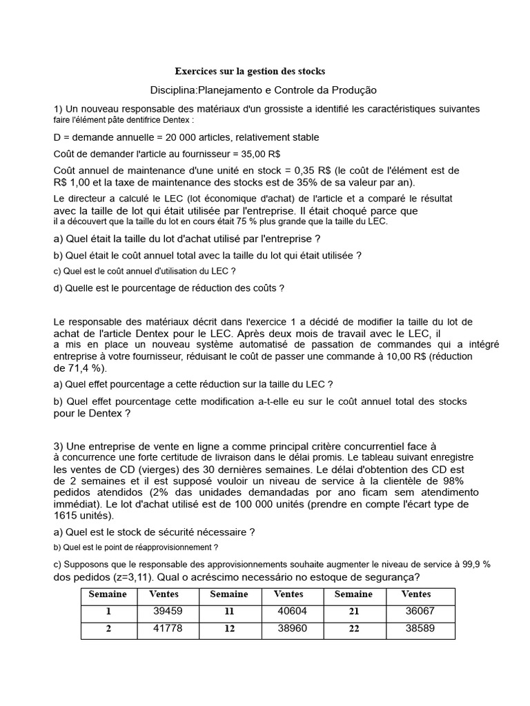 Exercices de gestion des stocks et coûts | PDF | Inventaire | Logistique
