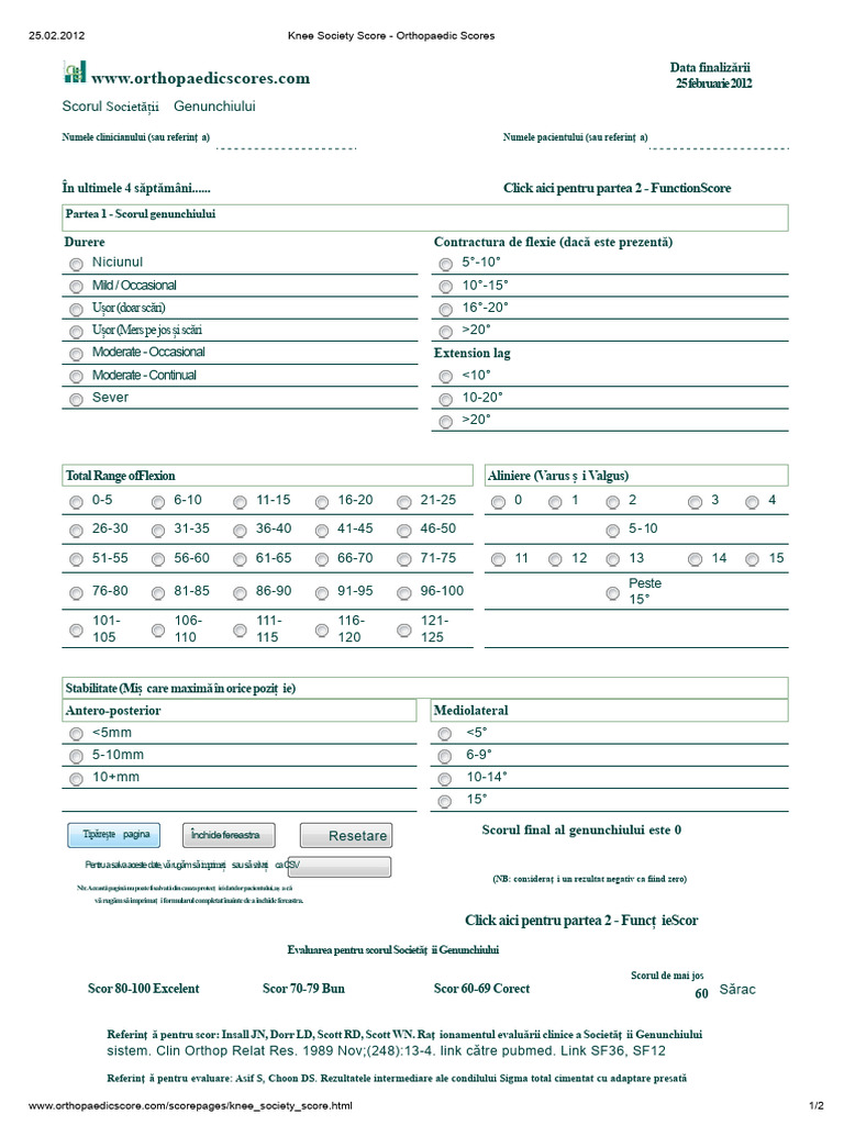Scorul Society Knee - Scoruri Ortopedice | PDF