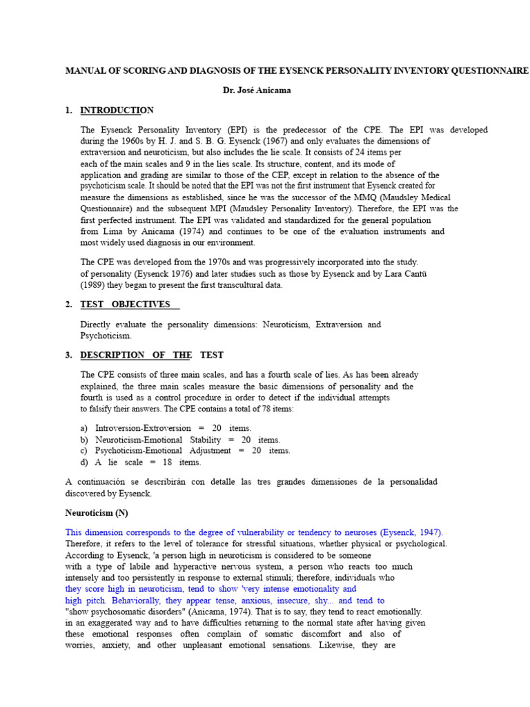 Eysenck Personality Inventory Manual | PDF | Extraversion And ...