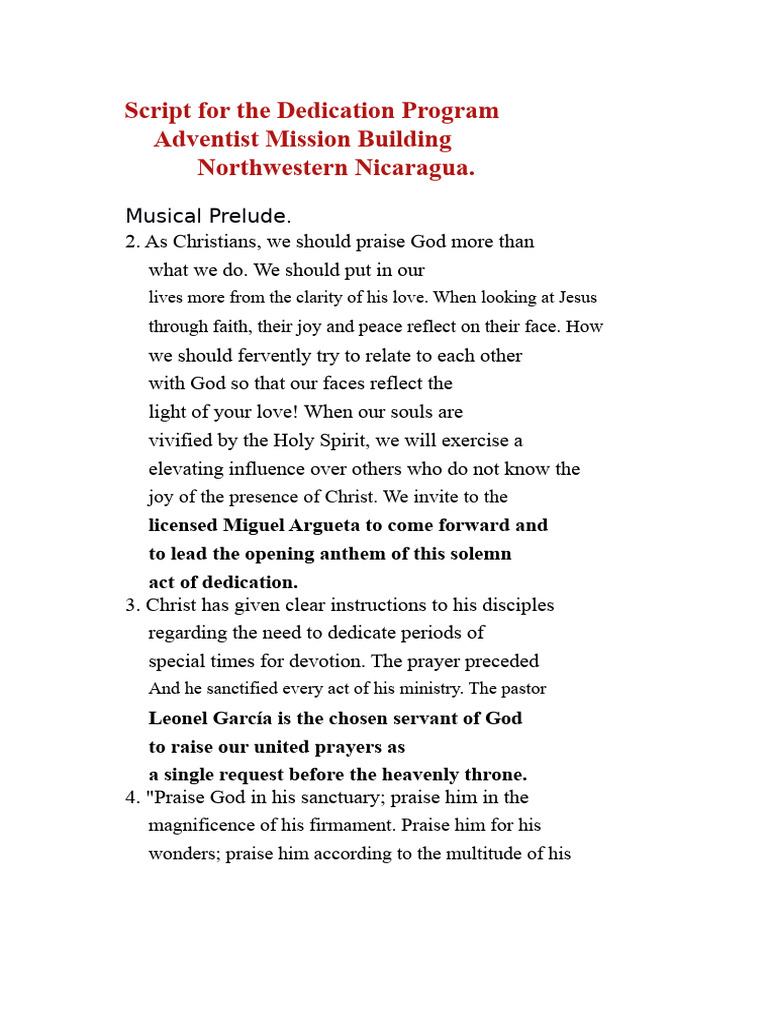 Dedication Ceremony Script for Adventist Mission | PDF | Jesus | Prayer