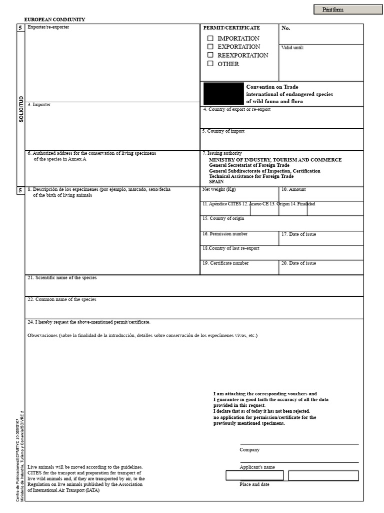 CITES Export/Import Permit Application | PDF | Cites
