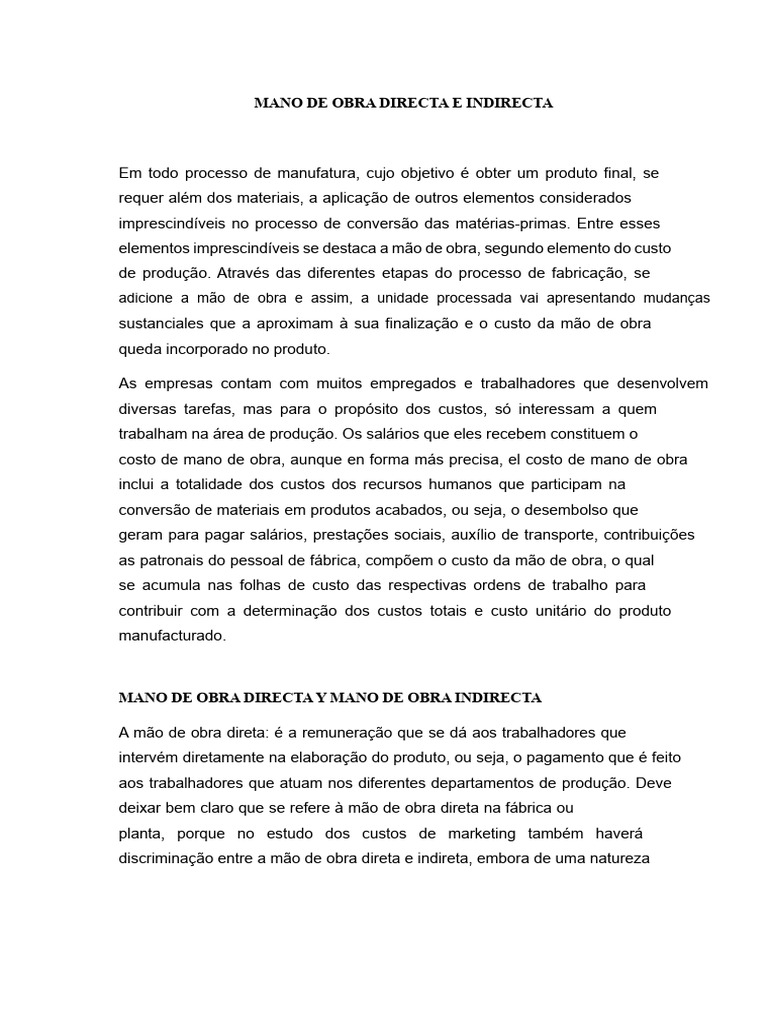 Mão de Obra Direta e Indireta na Produção | PDF | Salário | Despesa
