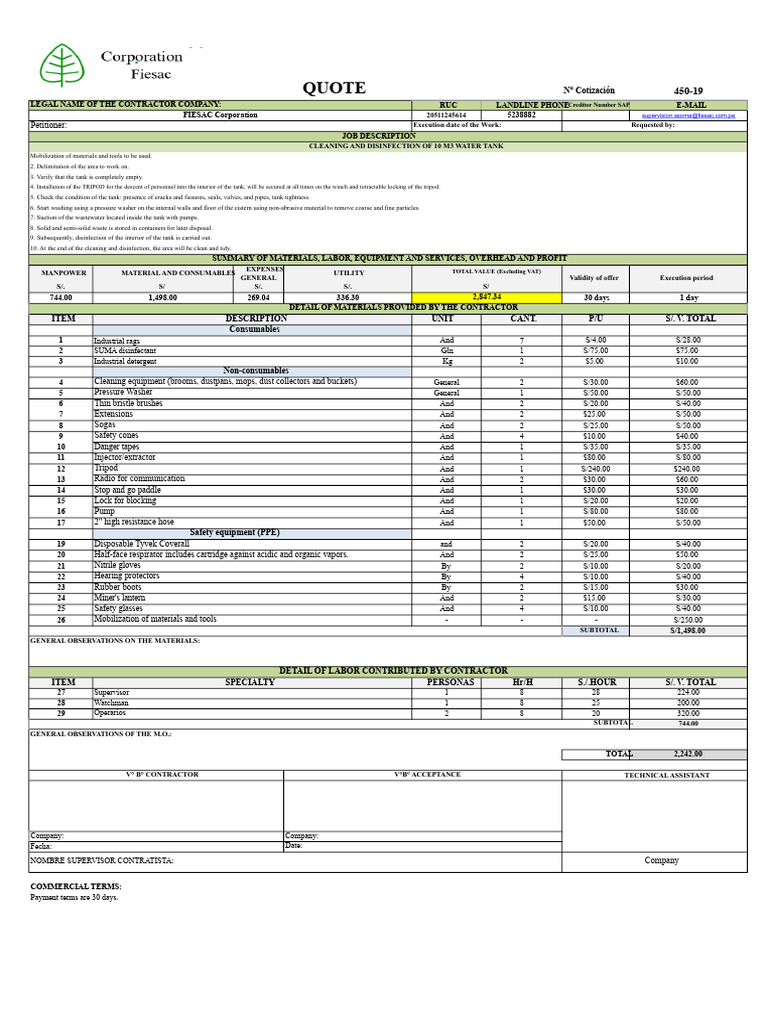 Quotation - Cleaning of 10 m3 cistern | PDF | Washing Machine | Equipment