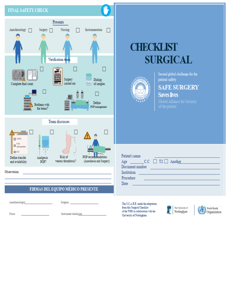 Surgical Safety Checklist for Patient Care | PDF | Surgery | Patient